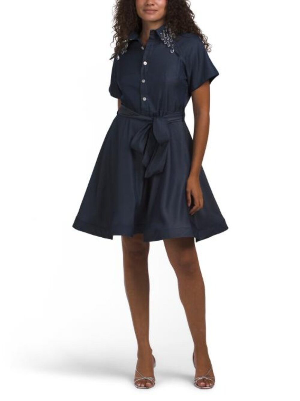 NANCY YANG Short Sleeve Mini Shirt Dress With Embellished Collar